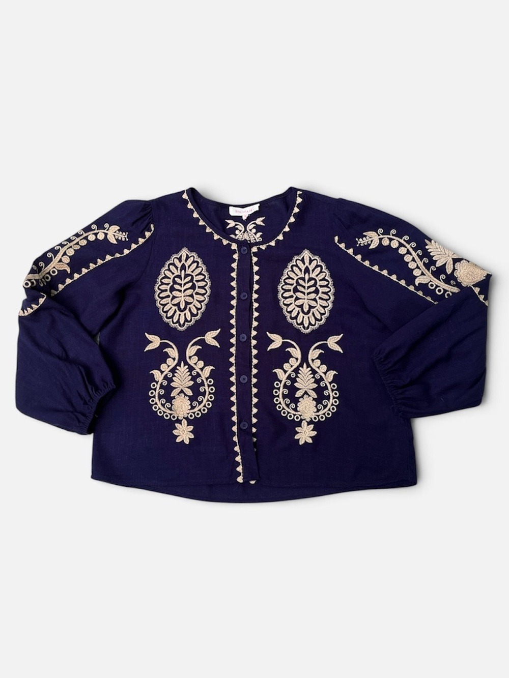 Solitaire Linen Blend Button Front Embroidered Blouse in Navy/Tan Sz M - Picture 6 of 11